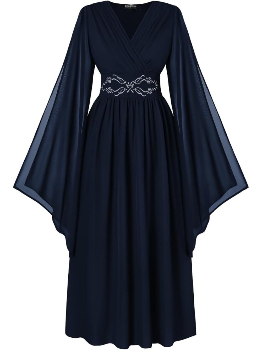 Women's Navy Blue Bell Sleeve Wrap V Neck Embroidery Imported Costume Dress